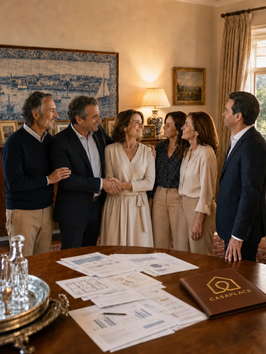 Família multigeracional reunida junto à mesa com documentos e plantas, dossier CasaPlace em primeiro plano