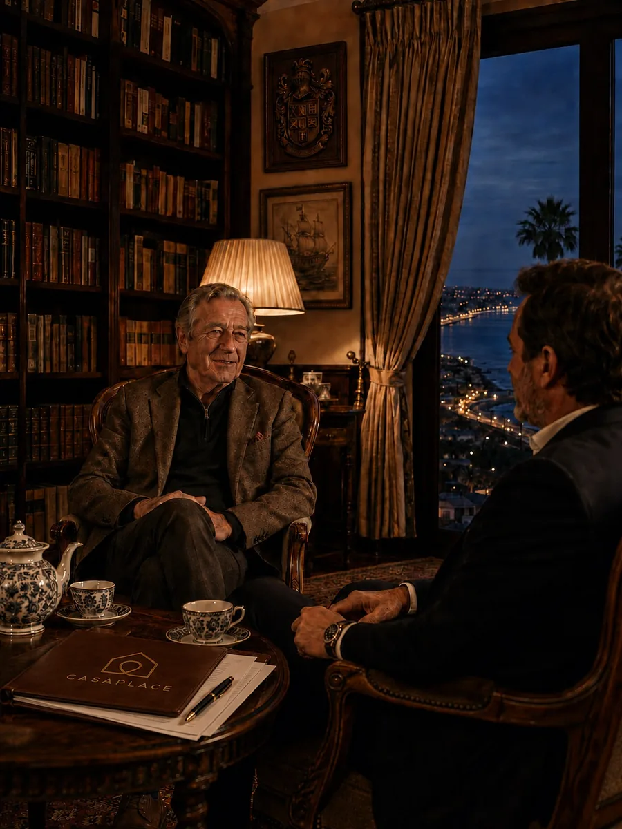 Conversa discreta entre proprietário e consultor numa biblioteca ao anoitecer, dossier CasaPlace sobre a mesa