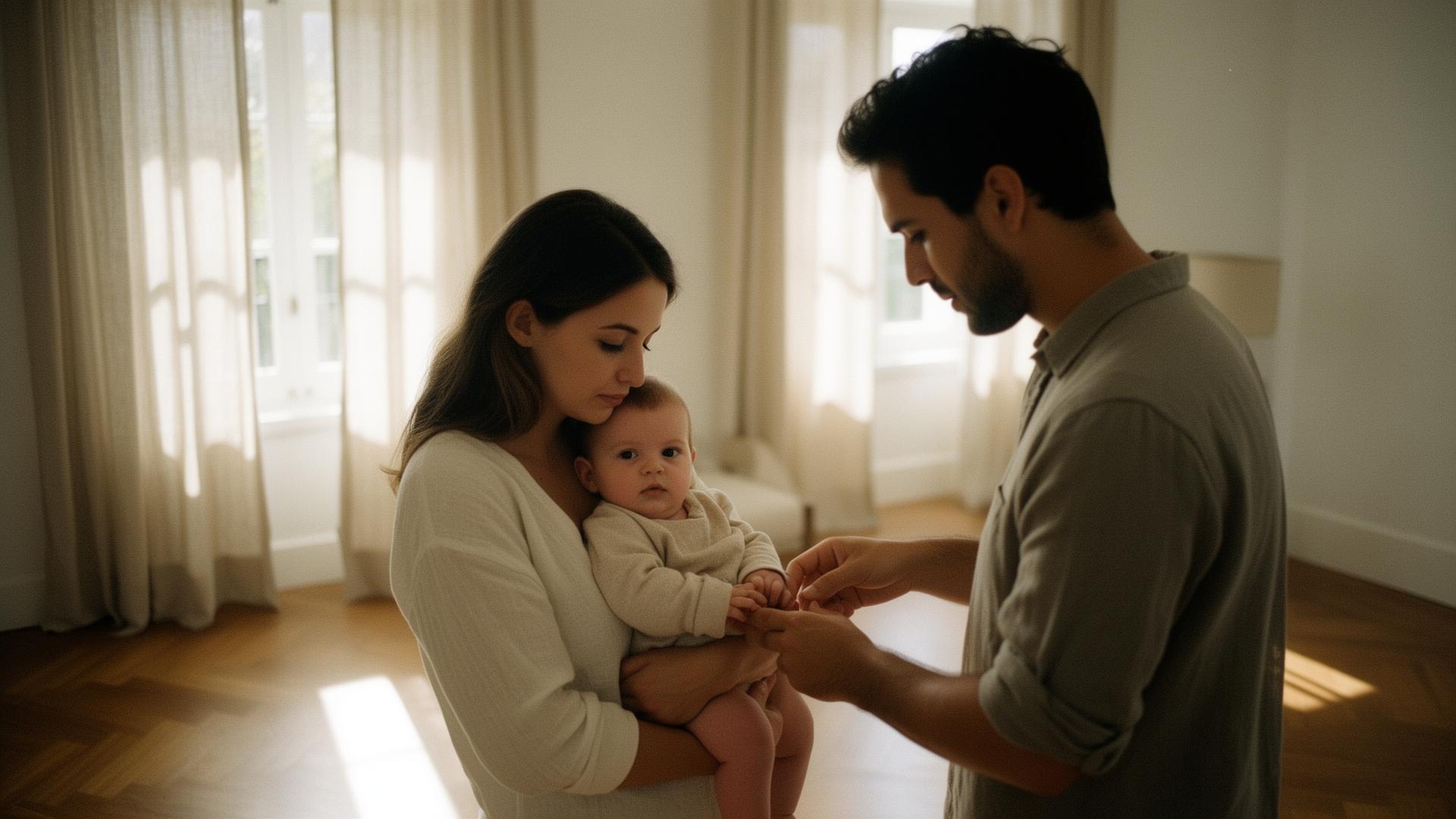 Mãos de pais a segurar a mão de uma criança numa casa banhada por luz natural