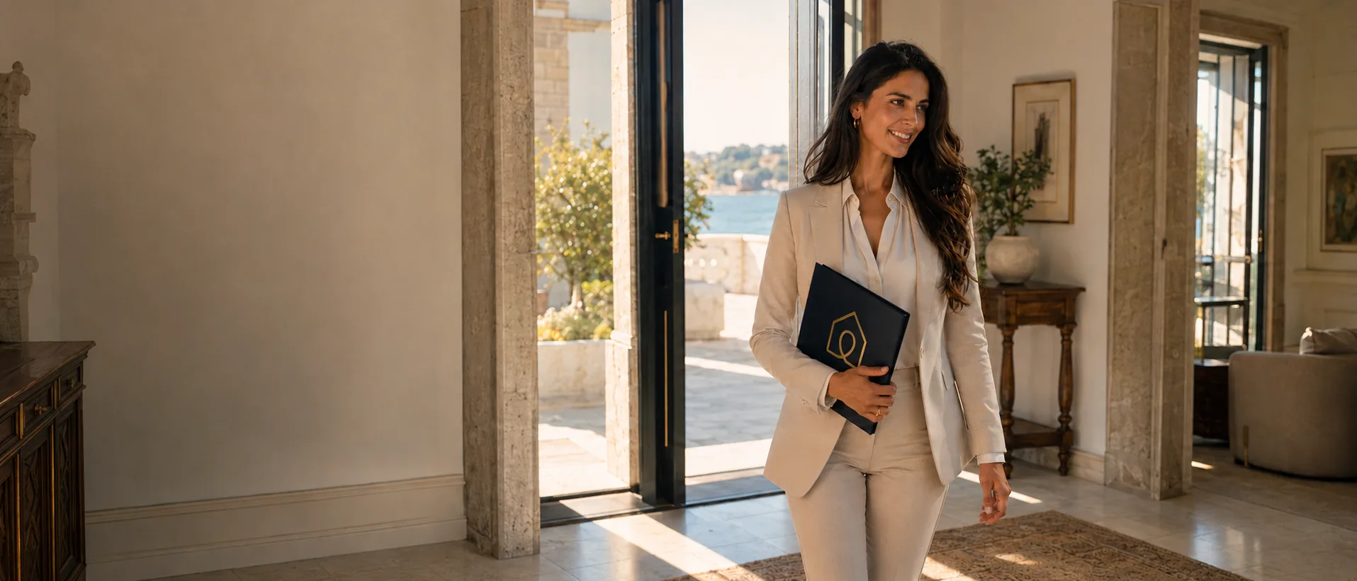Consultora da CasaPlace a entrar no hall de uma casa junto ao mar, com uma pasta da CasaPlace na mão