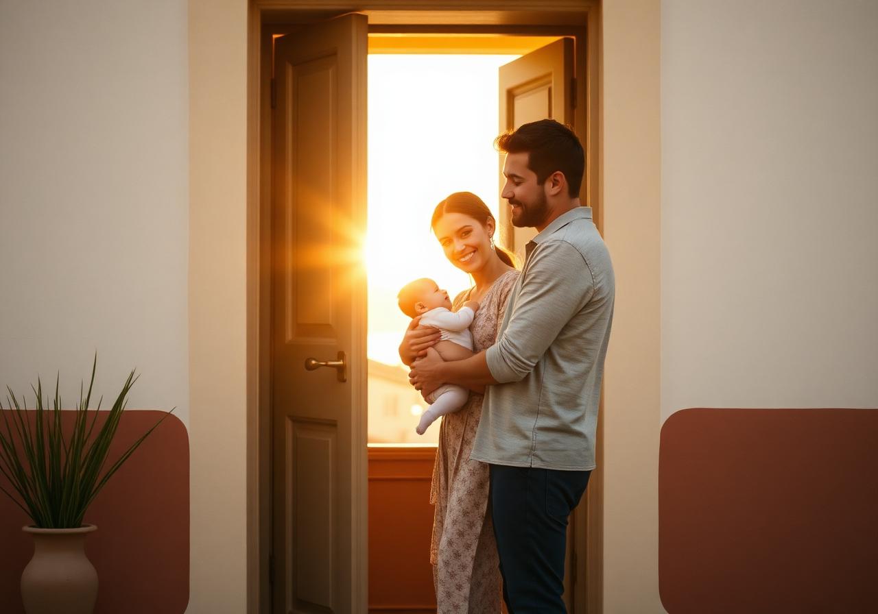 Casal jovem com bebé ao colo à entrada da nova casa, luz dourada de fim de tarde