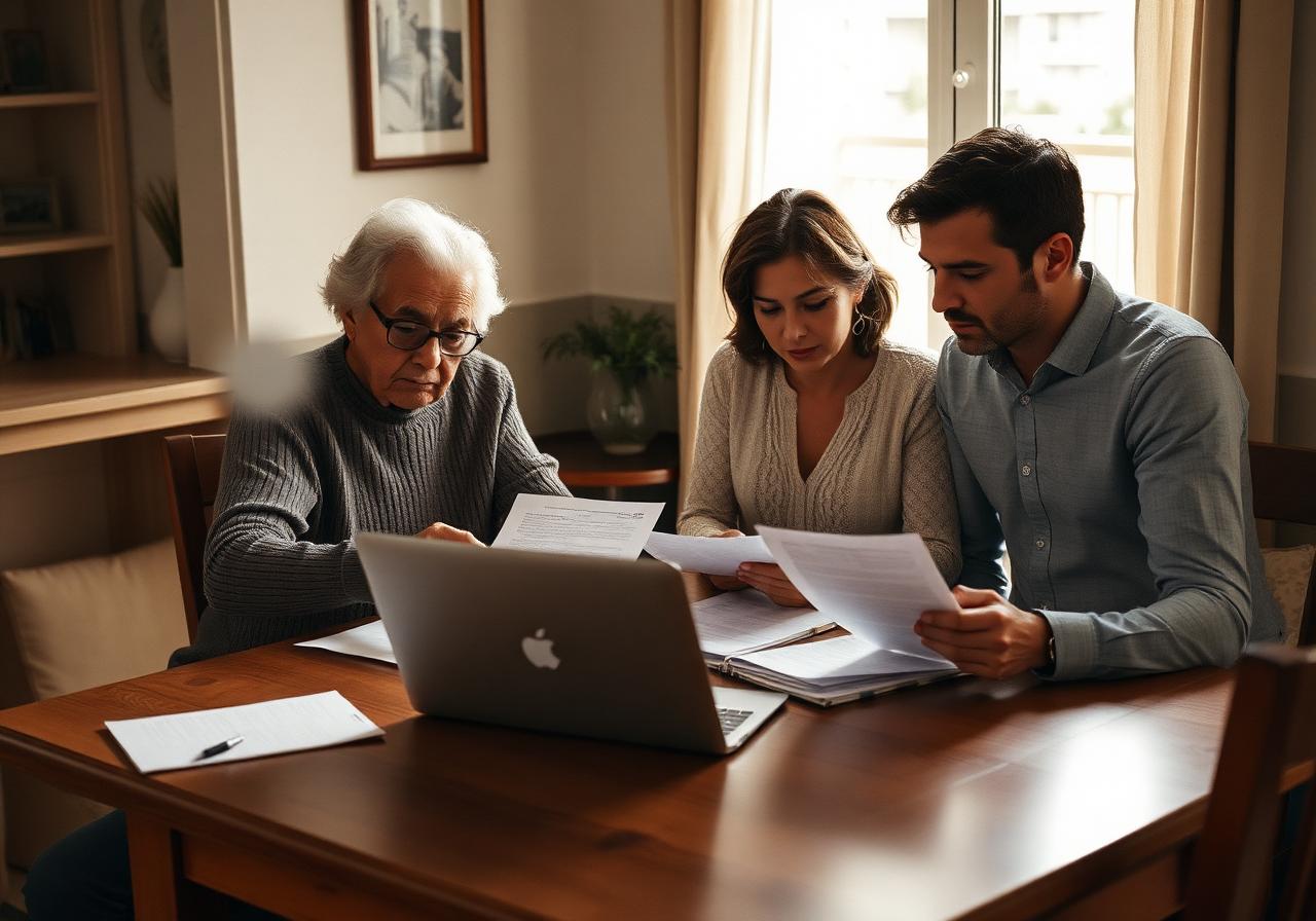 Família multigeracional à mesa a rever documentos e decisões patrimoniais