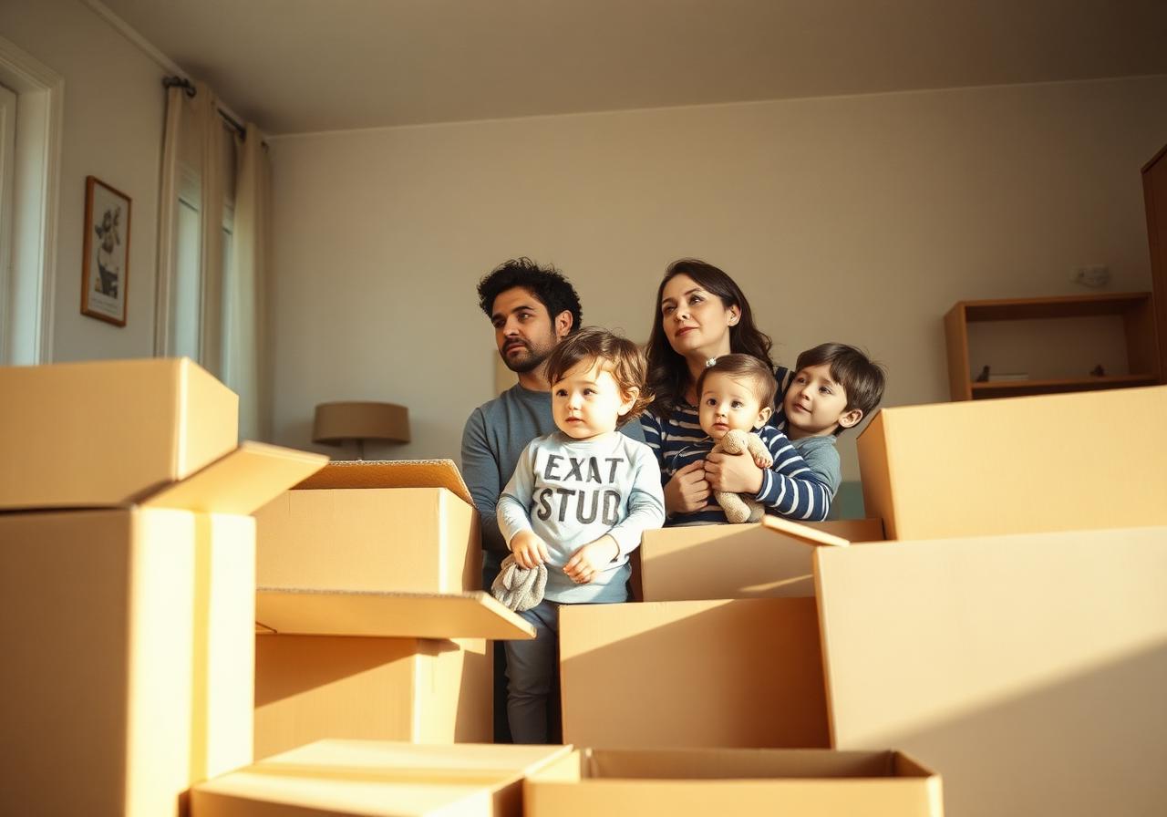 Família jovem com filhos pequenos entre caixas de mudança, olhar em frente